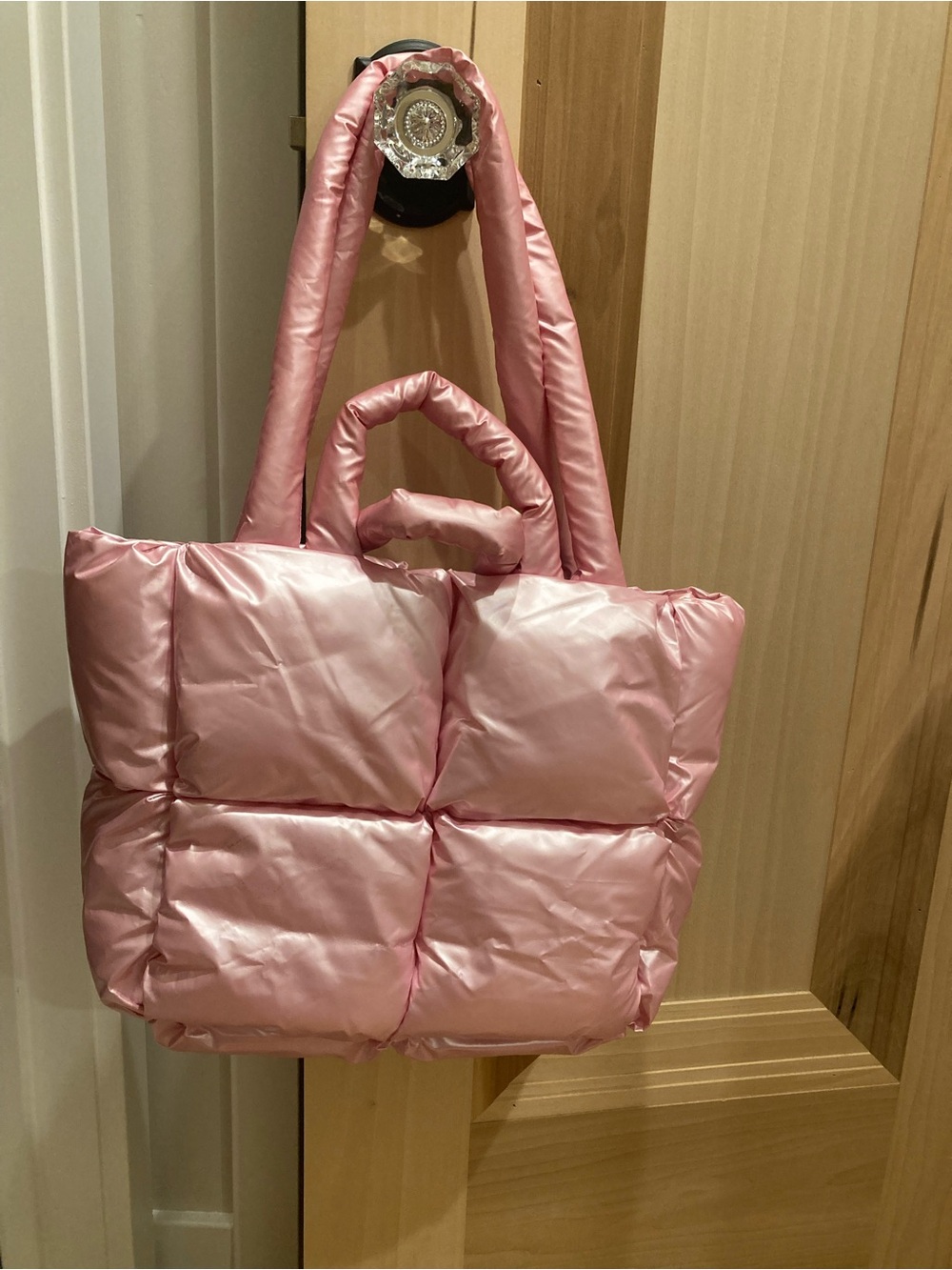 Puffy Quilted Tote — Light Pink Satin Finish